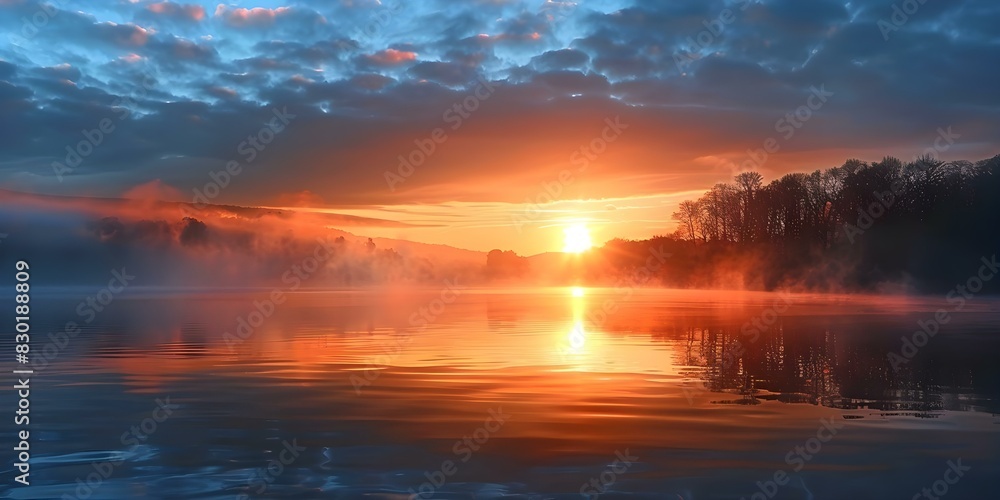 Sunrise and morning mist enhance the beauty of Lake Lamoura in the Haut Jura region of France. Concept Nature Photography, Scenic Views, Sunrise, Morning Mist, Lake Lamoura