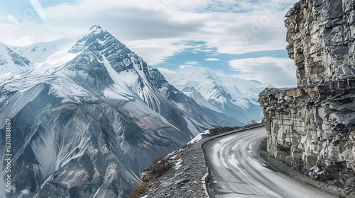A mountain pass drive with steep cliffs, sharp turns, and snowy peaks offers an unforgettable adventure. photo