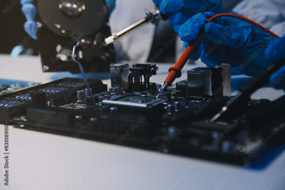 Obraz premium Close up of Technician measuring voltage electronic circuit board television, Service after sale fix electric equipment within insurance.