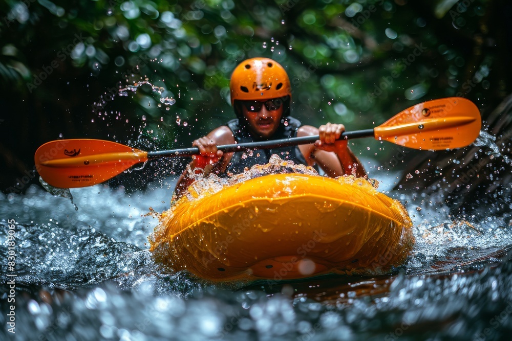 Fototapeta premium Man Riding Yellow Raft Down River