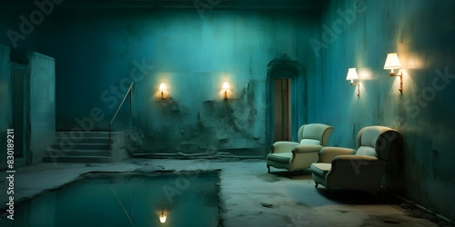 Renovated Abandoned House Spa Retreat: Green-Tiled Pool Area Transformed into Aquamarine Steam Room. Concept Abandoned House Renovation, Spa Retreat, Green-Tiled Pool to Aquamarine Steam Room photo
