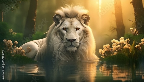 A white lion in the water photo