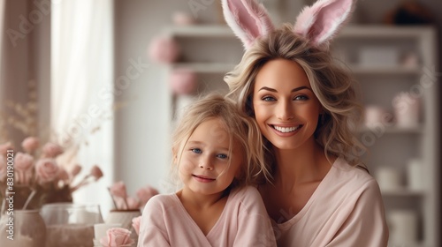 Portrait of a Happy Mother and Daughter with Cozy Home Decor and Bunny Ears