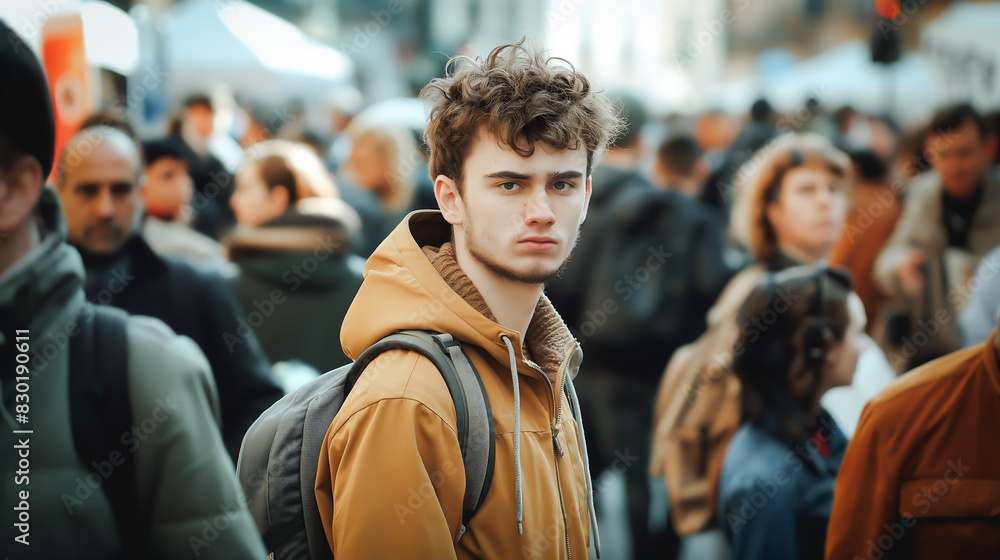 A young man in the middle of a crowd of people, He is in focus standing still while other people move in the city street	