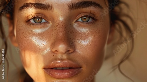close-up of radiant, clear beauty face skin under studio lighting