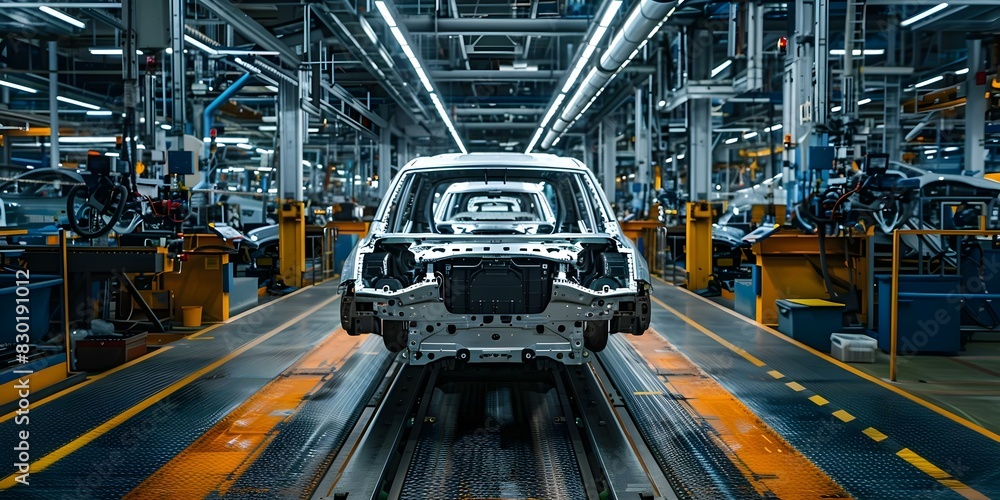 Final stage of car assembly line with automated quality control testing in modern factory setting. Concept Car Assembly Line, Automated Testing, Quality Control, Modern Factory Setting