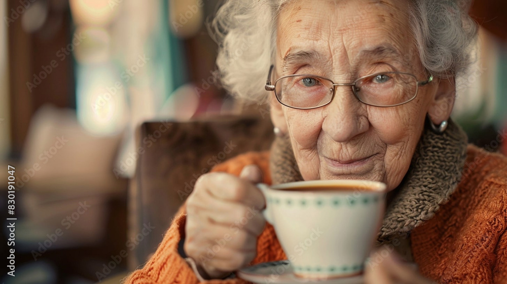 Cute old lady drinking a hot drink Cute old lady drinking a hot drink