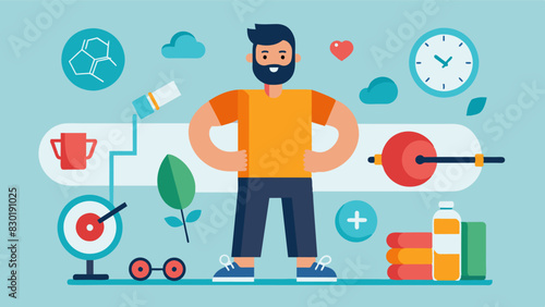 Slowly but steadily the man starts reducing the number of hours spent at the gym and instead focuses on enjoying other activities and hobbies.. Vector illustration