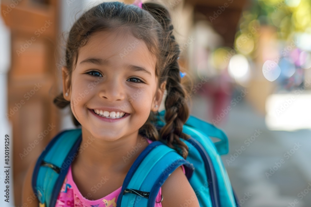 Smiling Young Girl with Backpack Outdoors, Ready for the First Day Back to School Smiling Young Girl with Backpack Outdoors, Ready for the First Day Back to School