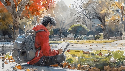 Visualize an authentic image of a person sketching in a park