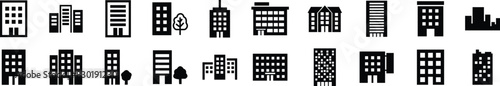 Building icon set containing house, office, bank, school, hotel, shop, university, city, real estate and hospital symbol. Solid flat black vector collection isolated on transparent background