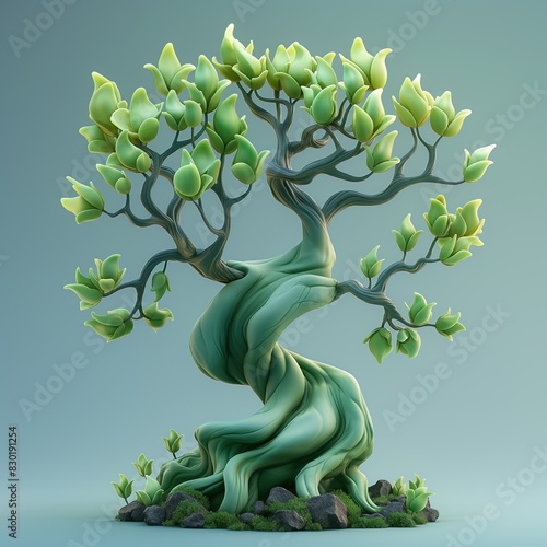Fantastic Tree With A Curved Trunk And Green Leaves. Illustration On The Theme Of Images, Symbols, Signs And Nature. Generative AI	
