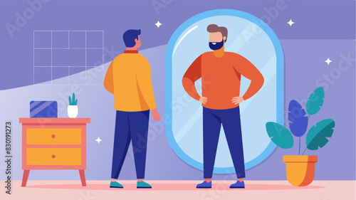 A man stands in front of a mirror practicing positive affirmations with his partners reflection watching over him reminding him of his worth and beauty.. Vector illustration