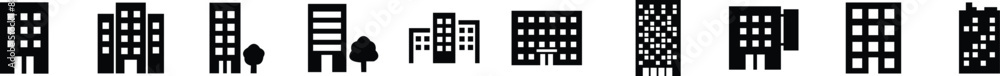 Building icon set containing house, office, bank, school, hotel, shop, university, city, real estate and hospital symbol. Solid flat black vector collection isolated on transparent background Building icon set containing house, office, bank, school, hotel, shop, university, city, real estate and hospital symbol. Solid flat black vector collection isolated on transparent background
