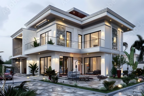 The modern style white three-story villa