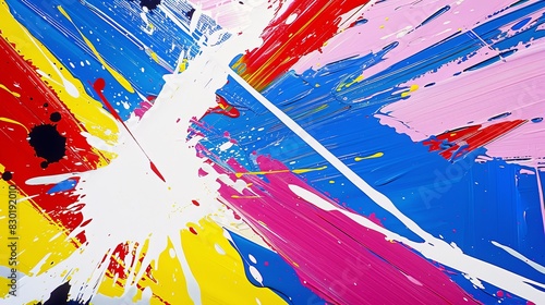 Colorful abstract painting with splattered paint strokes. The colors are bright and saturated, creating a sense of energy and movement. Illustration for cover, card, postcard, interior design, etc.