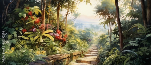 Path through a tropical jungle  watercolor painting  vivid colors  soft lighting 8K   high-resolution  ultra HD up32K HD