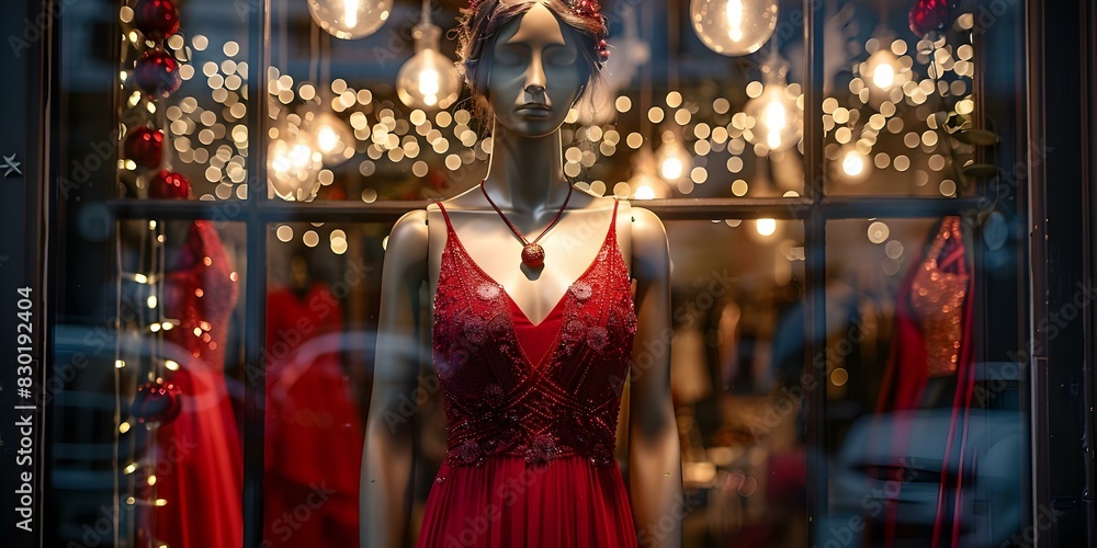 Elegant Red Evening Dress Displayed on Mannequin in Boutique Window. Concept Fashion Display, Boutique Showcase, Stylish Mannequin, Evening Gown, Window Shopping Elegant Red Evening Dress Displayed on Mannequin in Boutique Window. Concept Fashion Display, Boutique Showcase, Stylish Mannequin, Evening Gown, Window Shopping