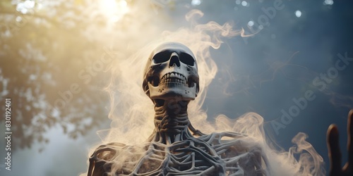 Skeleton in front of smoke symbolizing search for autoimmune disease root causes. Concept Autoimmune Disease, Skeleton, Smoke, Root Causes, Medical Research photo