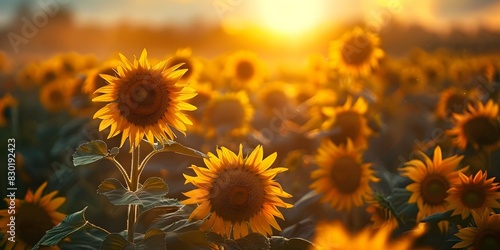 Sunrise in a sunflower field: Golden blossoms turning towards the morning sun. Concept Nature, Sunrise, Sunflower Field, Golden Blossoms, Morning Sun