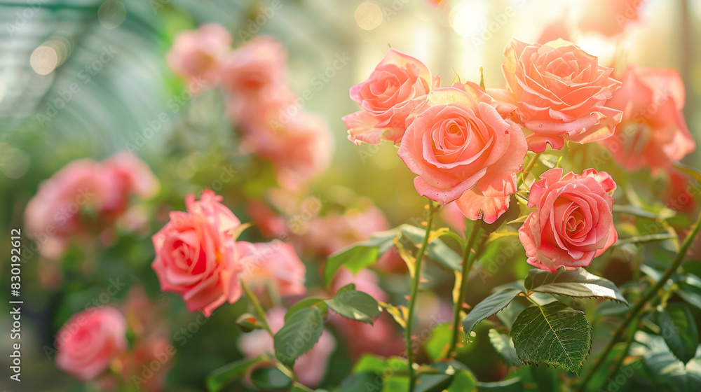 Beautiful pink roses blooming in a greenhouse, with sunlight and a blurred background of a rose garden, in the style of a real photo Beautiful pink roses blooming in a greenhouse, with sunlight and a blurred background of a rose garden, in the style of a real photo