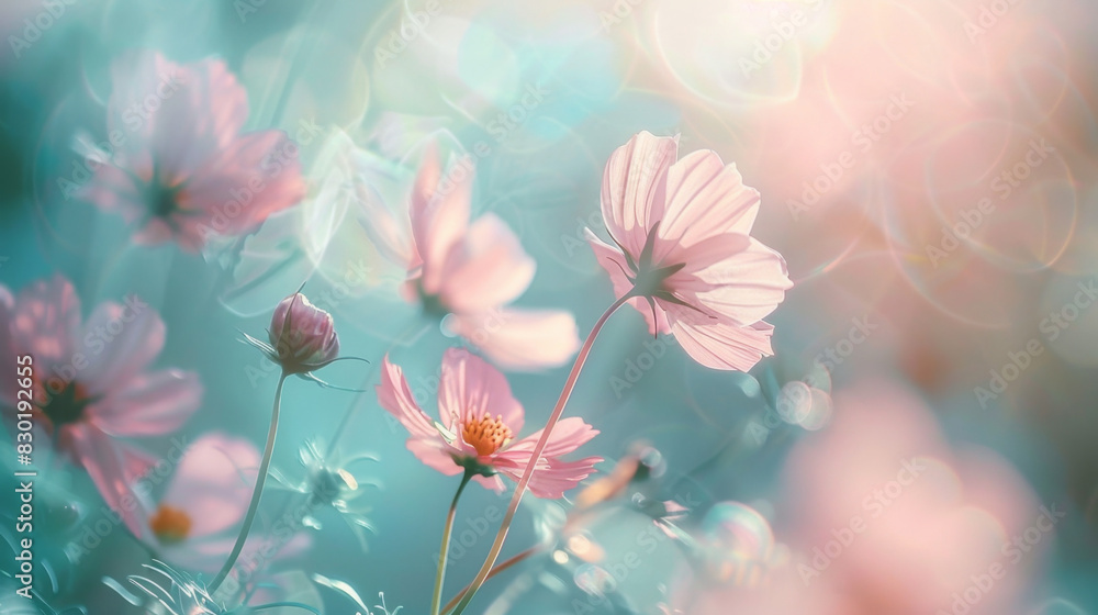 Colorful cosmos flowers in garden, spring time, blurred background, sunny day, sunlight and shadows, nature photography, natural light