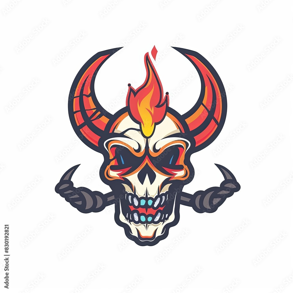 A skull with horns and flames on it
