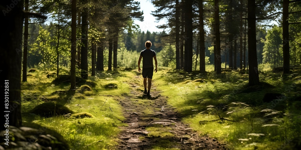 A young man runs on a sunny forest trail in summer. Concept Outdoor Photoshoot, Running, Forest Trail, Sunny Weather, Summer A young man runs on a sunny forest trail in summer. Concept Outdoor Photoshoot, Running, Forest Trail, Sunny Weather, Summer