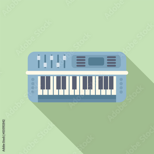 Modern, vector illustration of a blue synthesizer on a green background, in flat design style