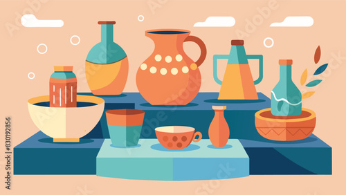Several impressive pieces of pottery and ceramics stand on display demonstrating the patience and precision of the young artists.. Vector illustration