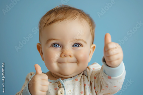 Cute smiling happy baby boy showing thumbs up, AI generated