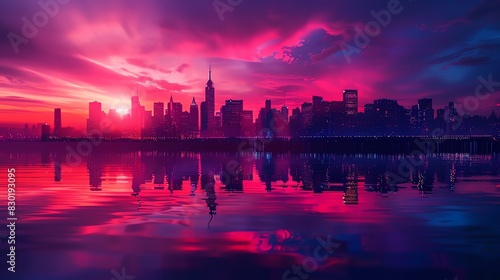 Show a low-angle view of a city skyline glowing in vibrant asexual flag colors