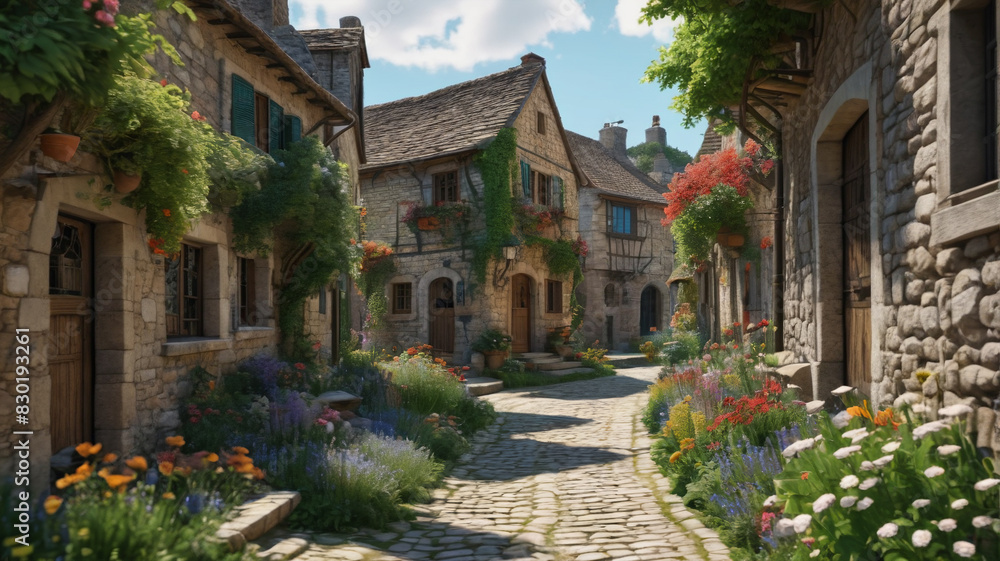 A charming medieval village with cobblestone streets, stone cottages, and lush gardens. Generative AI.