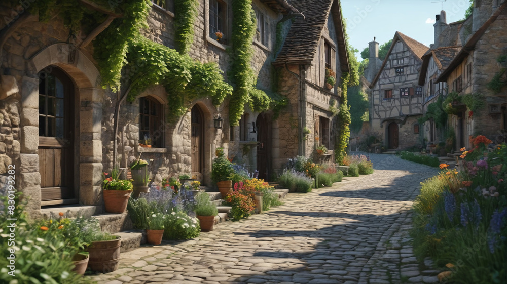A charming medieval village with cobblestone streets, stone cottages, and lush gardens. Generative AI.
