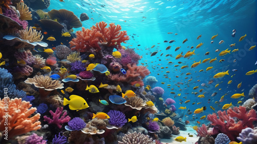 A vibrant coral reef teeming with colorful fish and marine life under crystal clear water. Generative AI.