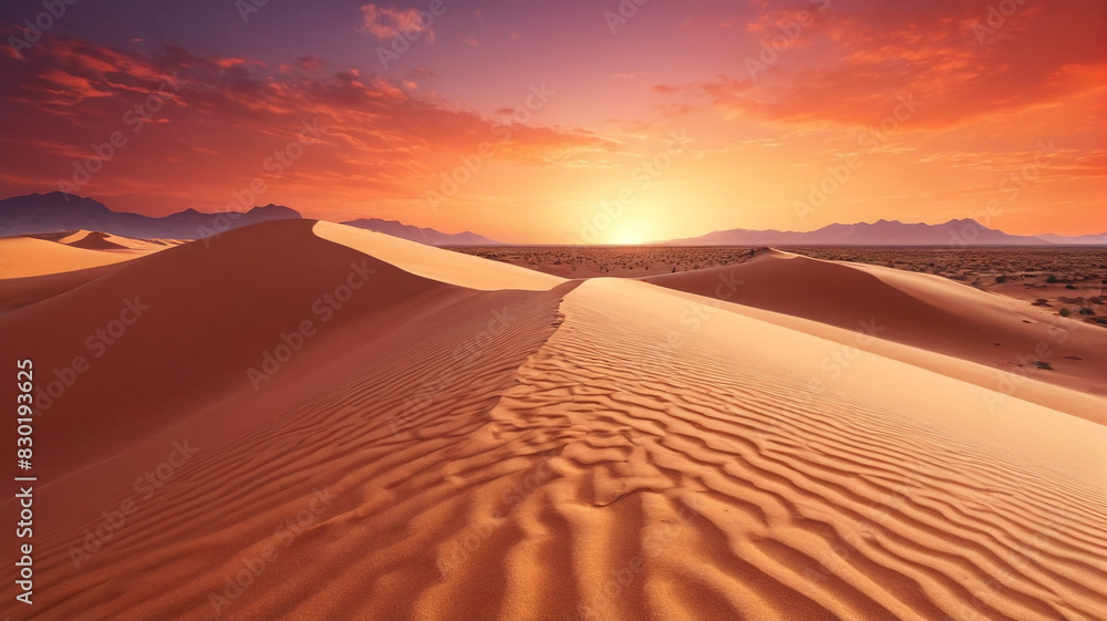 A dramatic desert landscape with towering sand dunes and a vibrant sunset in the background. Generative AI.