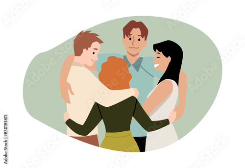 Employee cohesion in a vector illustration using group hugs isolated on a white background.