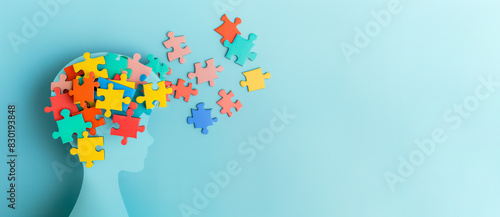 ADHD, attention deficit hyperactivity disorder, mental health, head of a child with colorful jigsaw or puzzle pieces  photo