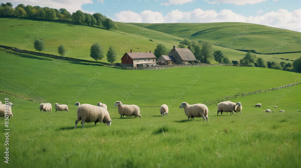 Fototapeta premium A peaceful countryside with rolling green hills, grazing sheep, and a quaint farmhouse. Generative AI.