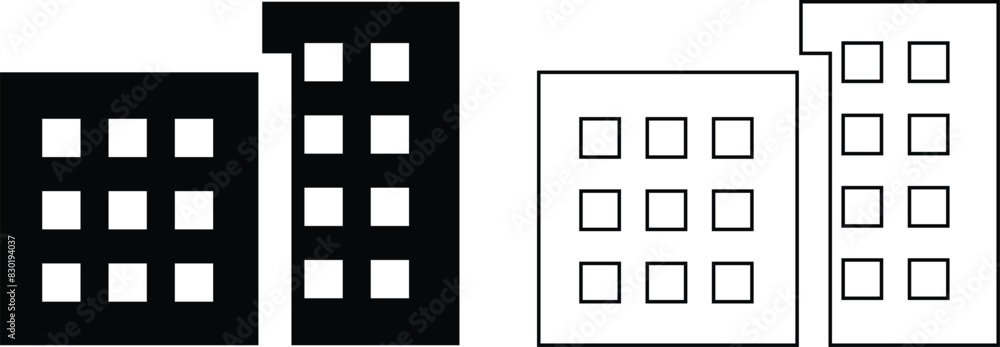 Building icon set containing house, office, bank, school, hotel, shop, university, city, real estate and hospital symbol. Solid flat and line black vector collection isolated on transparent background Building icon set containing house, office, bank, school, hotel, shop, university, city, real estate and hospital symbol. Solid flat and line black vector collection isolated on transparent background