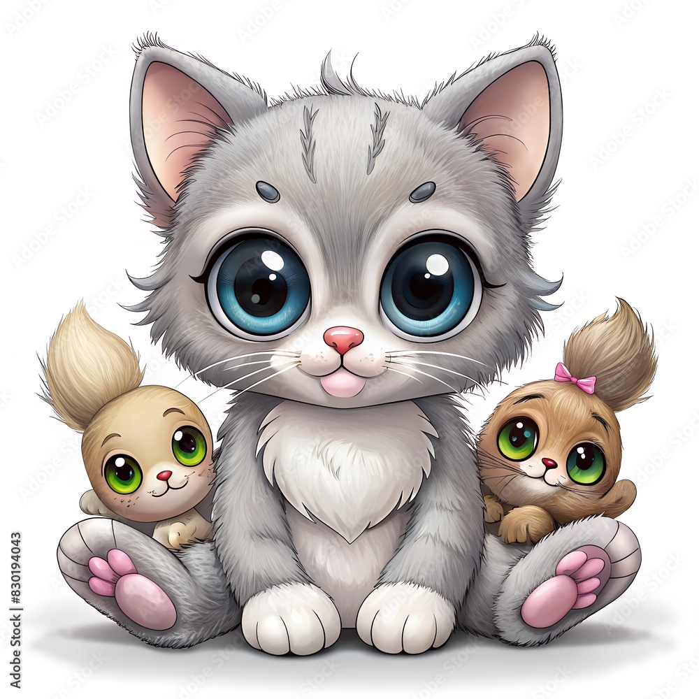 Fototapeta premium A delightful illustration featuring a cute grey kitten with big blue eyes sitting among toys. Ideal for children's books, greeting cards, and playful designs.