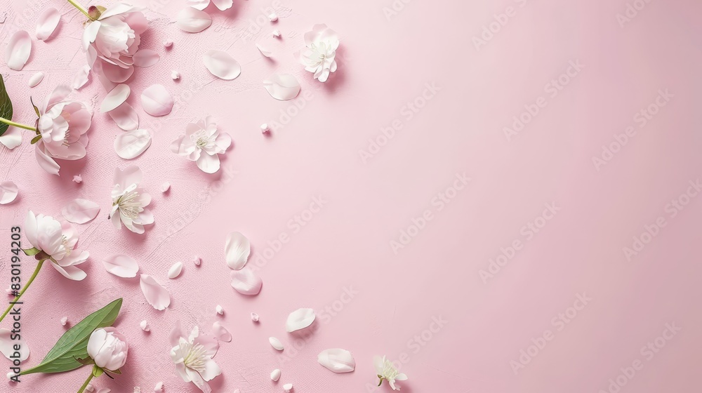  A pink background with white flowers on the left side and a green leaf on the right