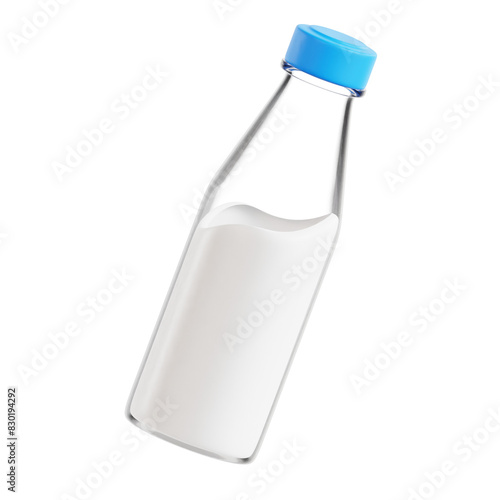 A bottle of milk is shown in a white background. The bottle is clear and has a blue cap