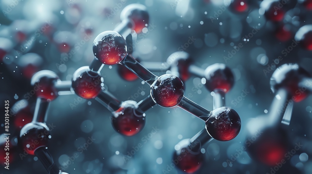 Close-up of interconnected molecular structure with red and black spheres, representing scientific and chemical research on a blue background. Close-up of interconnected molecular structure with red and black spheres, representing scientific and chemical research on a blue background.