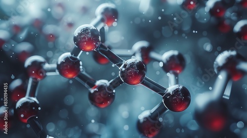 Close-up of interconnected molecular structure with red and black spheres, representing scientific and chemical research on a blue background.