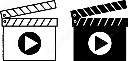 Movie icons. Black and White Vector Icons. Cinema Clapper and Play Button. Concept of Film Industry, Filmmaking and Video Production