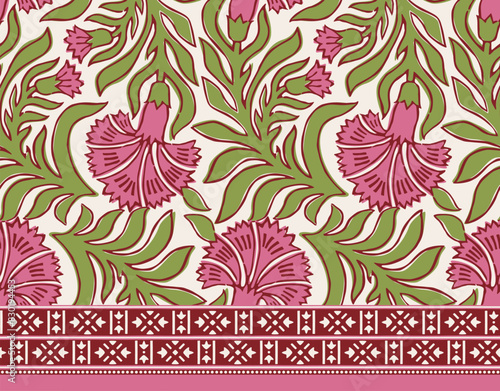 INDIAN TRADITIONAL MARIGOLD FLORAL SEAMLESS PATTERN WITH BORDER FRAME ALL OVER PRINT VECTOR ILLUSTRATION