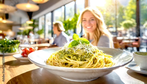 Spaghetti mit Basilikumpesto  im Hintergrund ein Restaurant 