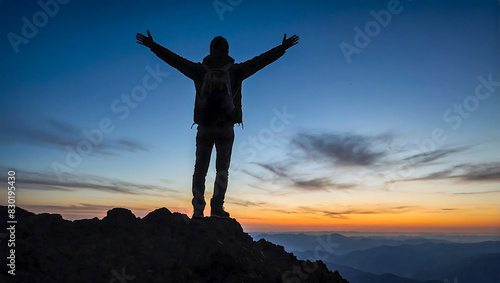 A lone person stands on top of a big mountain with hands towards the sky as to celebrate their achievement © The A.I Studio
