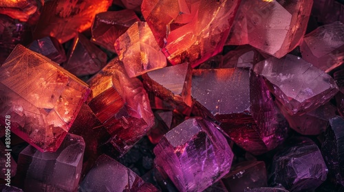  A mound of intermixed purple and red crystal formations atop a comparable stack of those same hued crystals, atop a larger assembly of purple and red rock formations photo